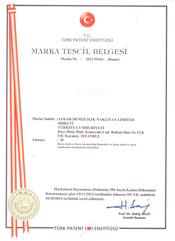 AYKAR Marka Tescil Belgesi